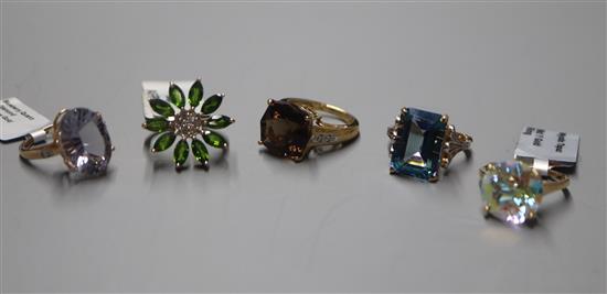 Five 9ct gold gem-set dress rings, including mystic topaz and blueberry quartz examples